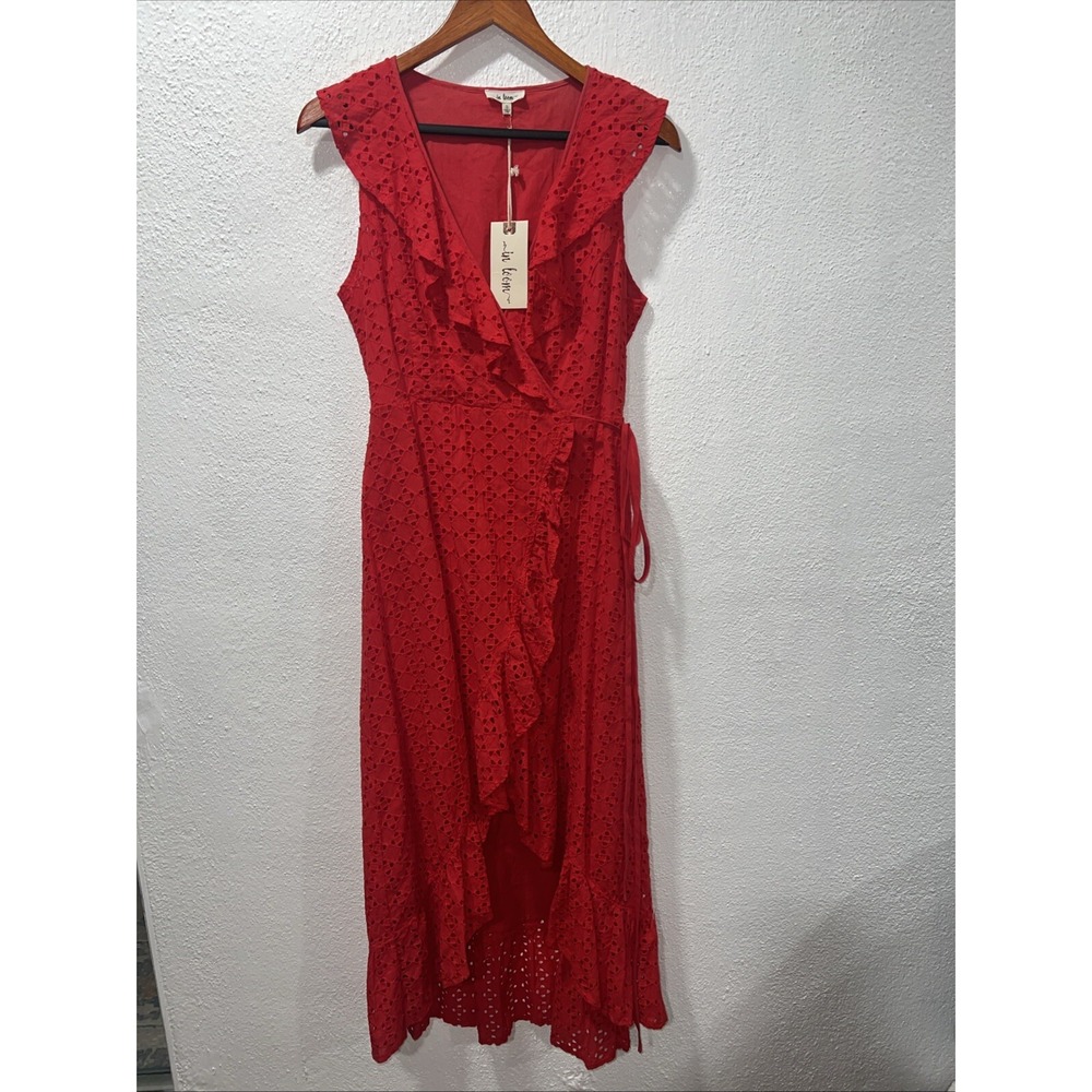 In Loom Maxi Wrap Dress Small Y2K Red Sleeveless Asymmetric Fairy Ruffle Hem.